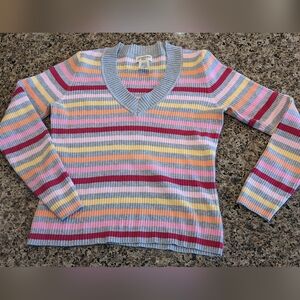 Women's Petite M Striped V Neck Sweater Lightweight Ribbed Long Sleeve Vtg EUC